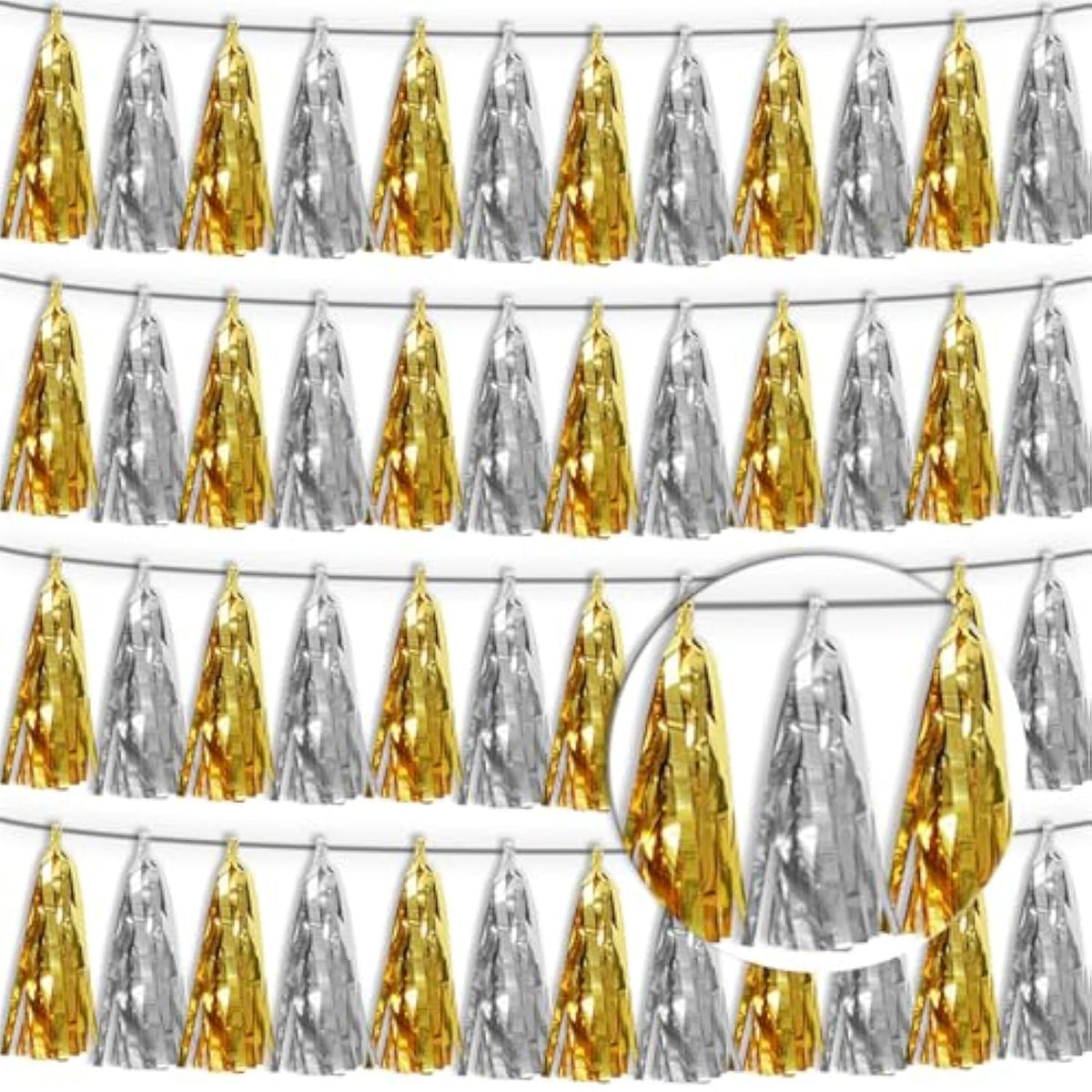4P Gold Silver Tassel Banner Garland Metallic Foil Fringe Banner Tinsel Tassels Streamer Banner Backdrop For Parade Floats, Graduation Decorations, Father' Day, Halloween, Christmas Decorations