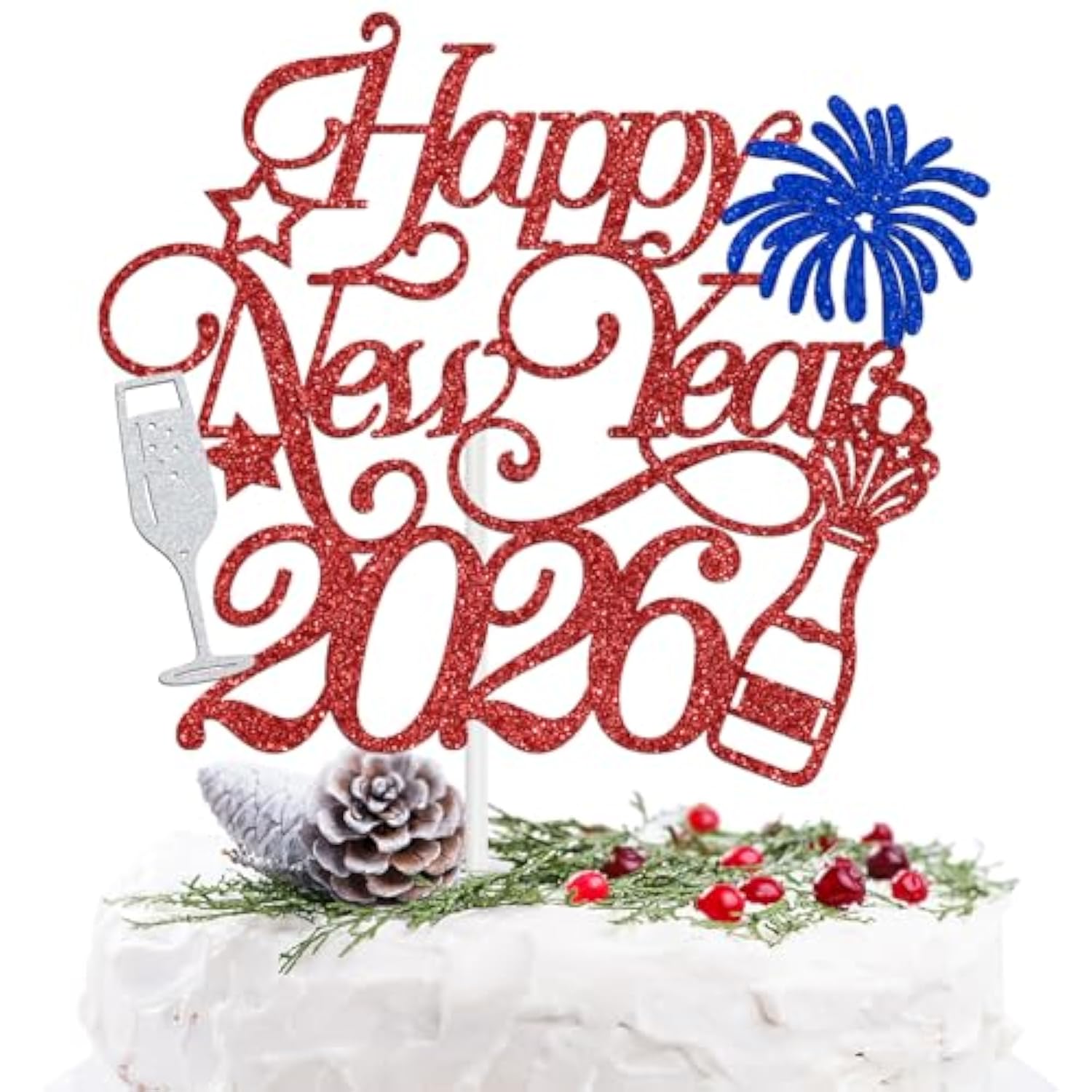 Happy New Year 2025 Cake Topper Blue Red Glitter Party Decoration