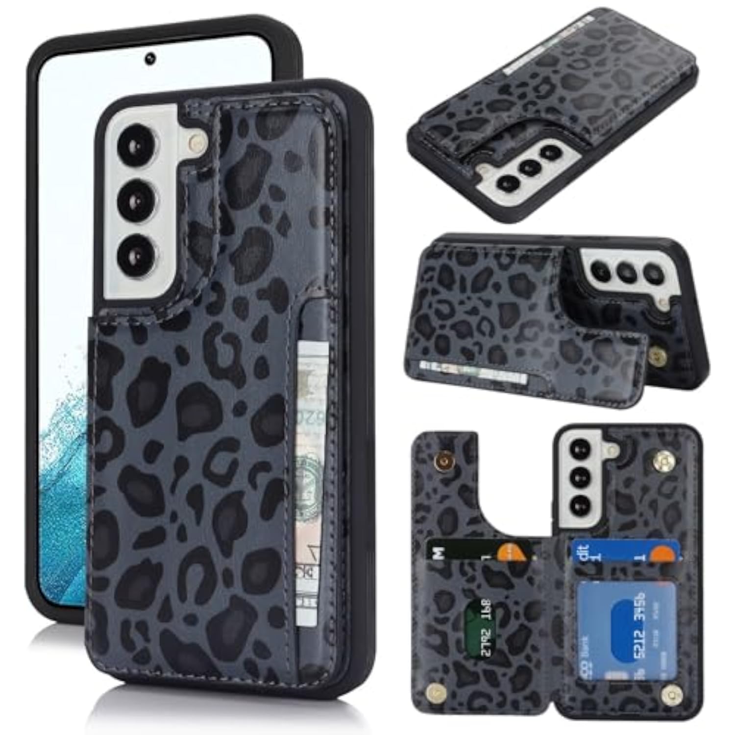 Samsung Galaxy S22 5G Phone Case with Card Holder and RFID Blocking - Black Leopard PU Leather Protective Case for Women and Men