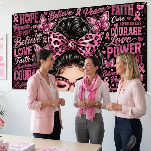 Breast Cancer Awareness Backdrop Banner, Pink Ribbon Faith Hope Love Butterfly Design, Awareness Month Party Decorations for Charity Event Photo Background Home Office, 70.9 x 43.3 Inch