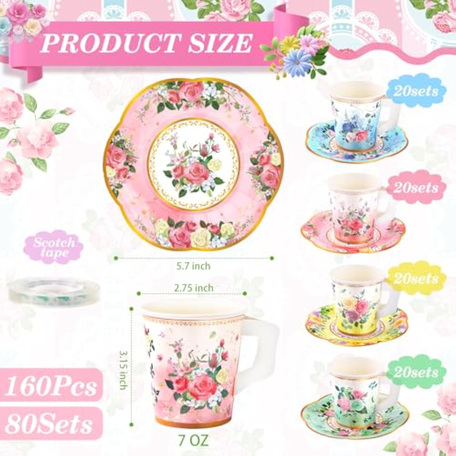 160 Pcs Floral Paper Tea Cups And Saucers 7 Oz Disposable Paper Tea Cups With Handle And Plates For Tea Party Decoration Birthday Baby Shower Bridal Wedding Mother'S Day