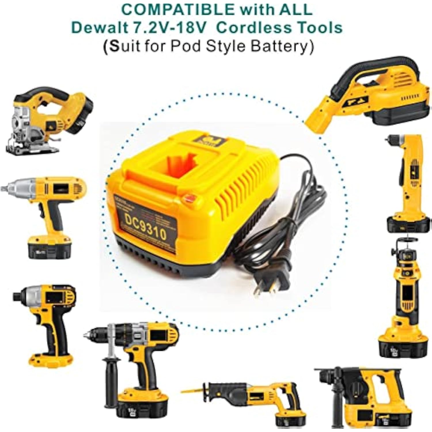 Replacement For Dewalt 18V Dc9310 For 7.2V-18V Nicad Nimh Battery Charger Dc9096 Dc9098 Dc9099 Dw9099 Dw9057 Dw9072 Dw9094 Dc9091 Dc9071 Dw9062 Dw9091