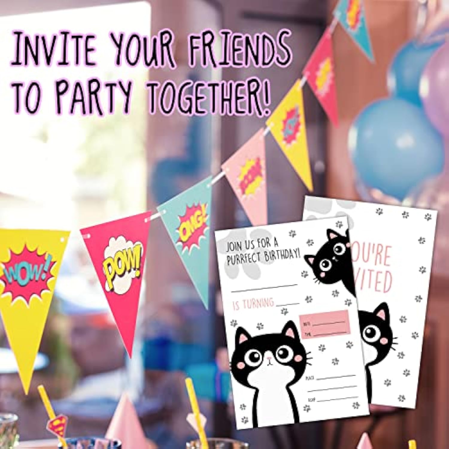 Cat Birthday Invitation Cards, Kitten Party Invites, Kids Happy Birthday Party Decorations Supplies, 20 Fill-In Cards With Envelopes For Boys Or Girls Party Celebration - B13