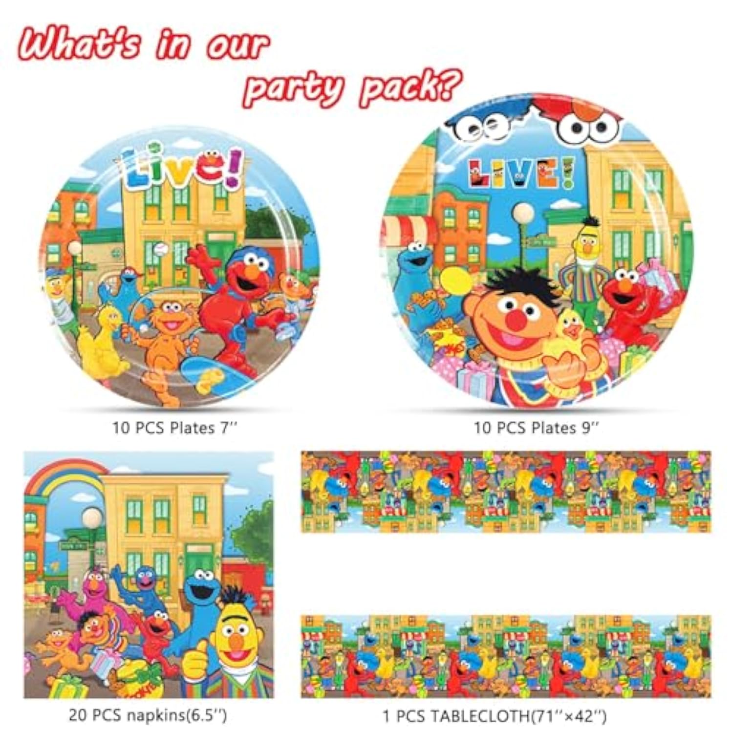 Sesame Friends Street Birthday Party Supplies, 20 Plates, 20 Napkins And 1 Tablecover For Boys Girls Sesame Theme Party Decorations