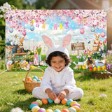 Happy Easter Backdrop Hello Spring Party Decorations Banner Easter Eggs Rabbit Grass For Festival Party Photography Background Supplies (Pink, 70.8 X 43.3 Inch)