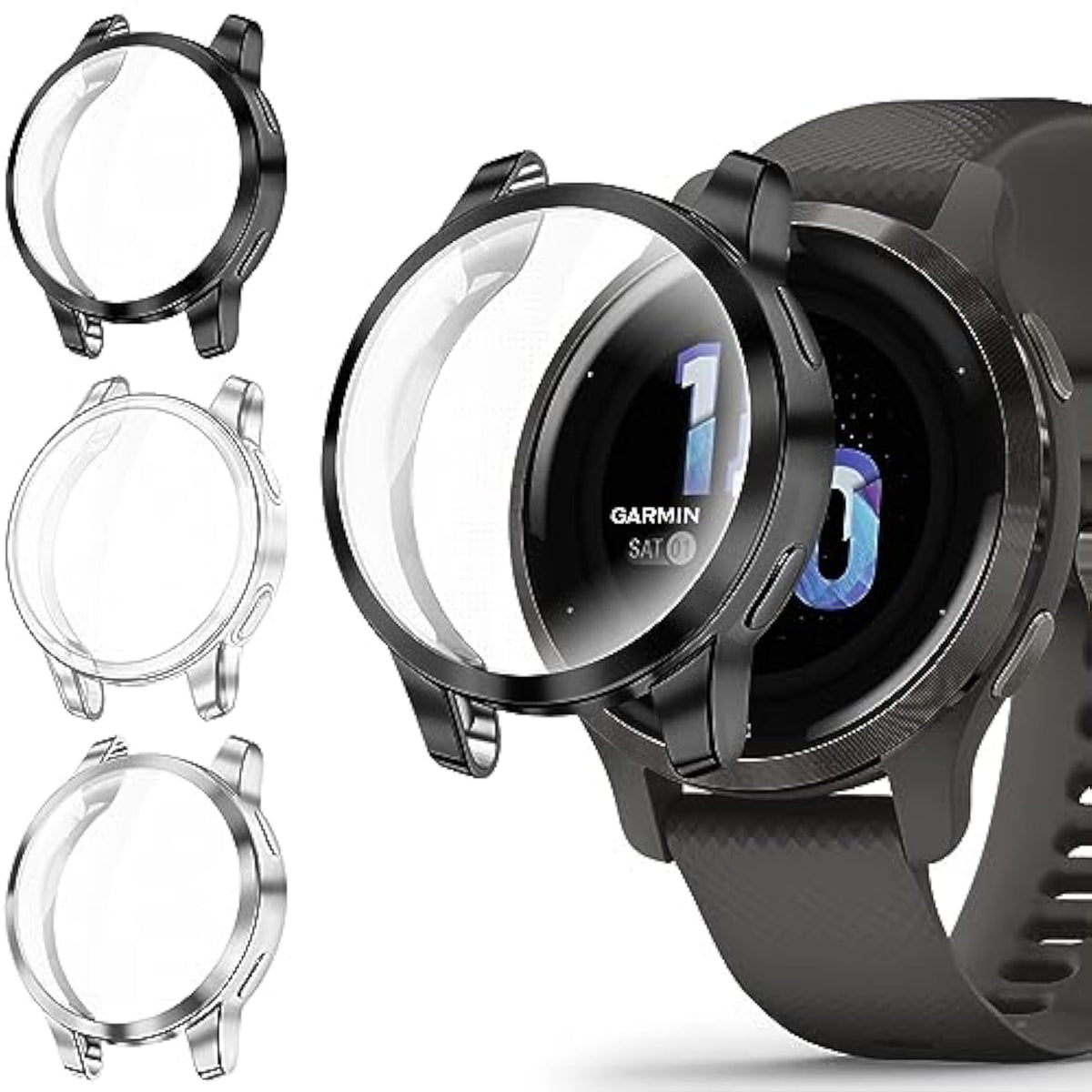 Fintie 3 Packs Screen Protector Case Compatible with Garmin Venu 2S/Vivoactive 4S, Soft TPU Plated Bumper Full Cover Protective Cases [Scratch-Proof], Black/Clear/Silver