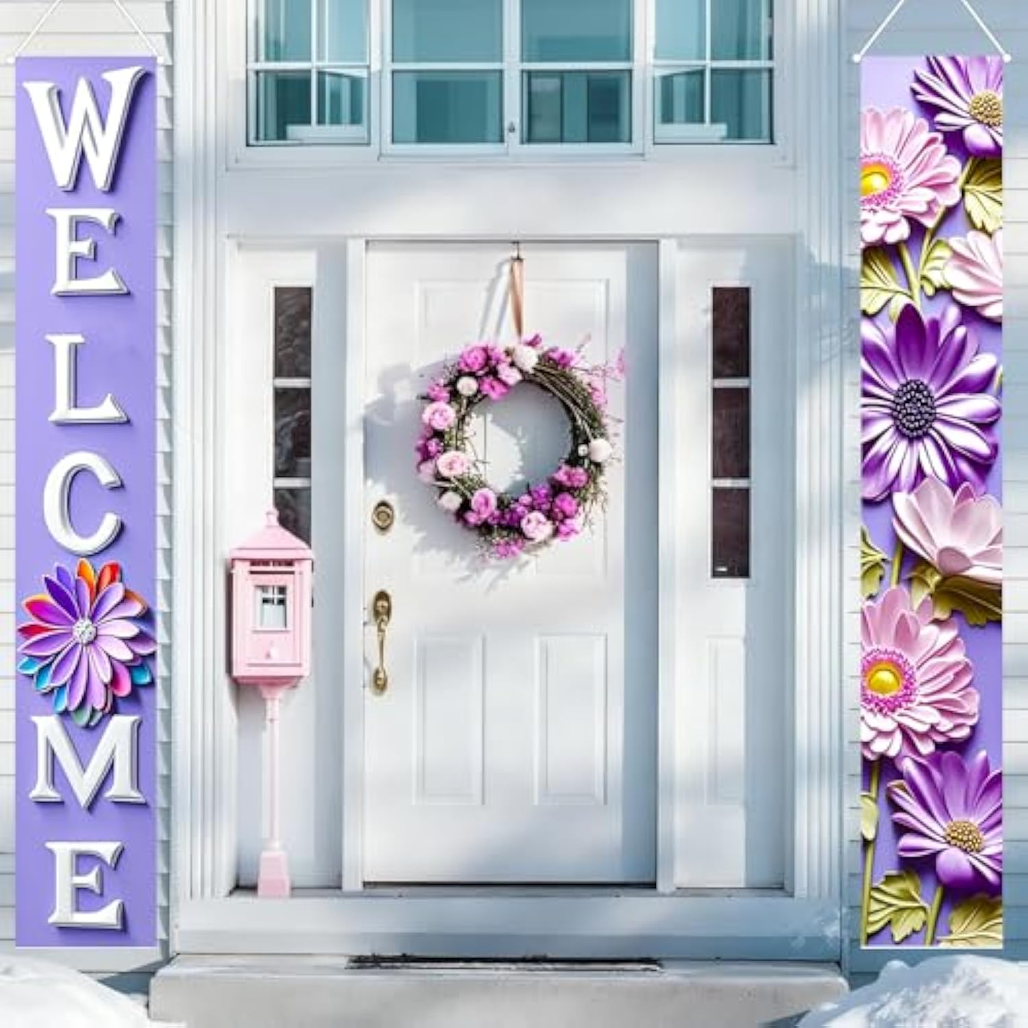1Pc 71X12 Inch Purple Flower Party Banner Set With 3D Effect Bloom Design Vertical Welcome Sign For Indoor Outdoor Garden Patio Porch Spring Summer Seasonal Decoration