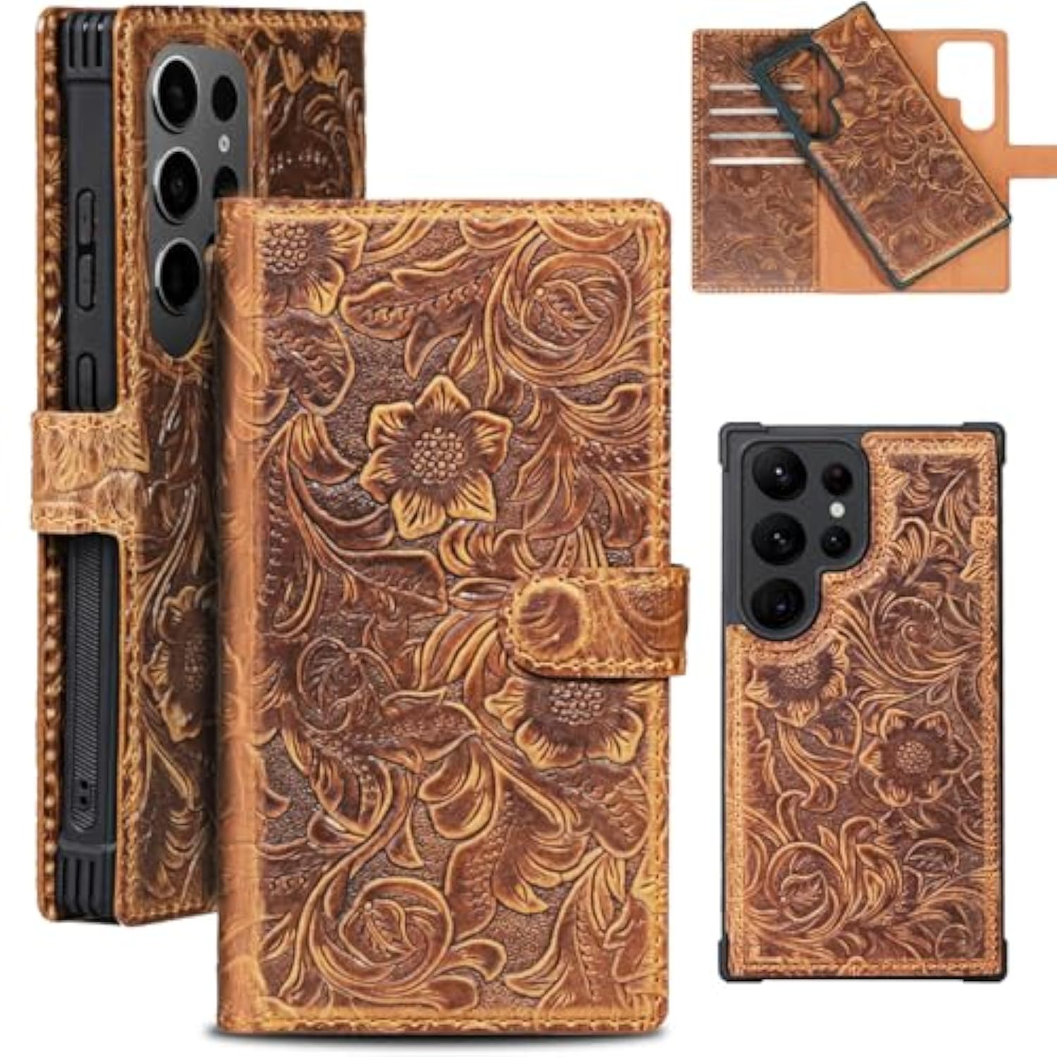 Leather Case Wallet Compatible With Samsung Galaxy S25 Ultra,Genuine Leather2-In-1Magnetic Detachable Shockproof,Flip Folio Cover With Card Slot, Rfid Blocking Dark Brown