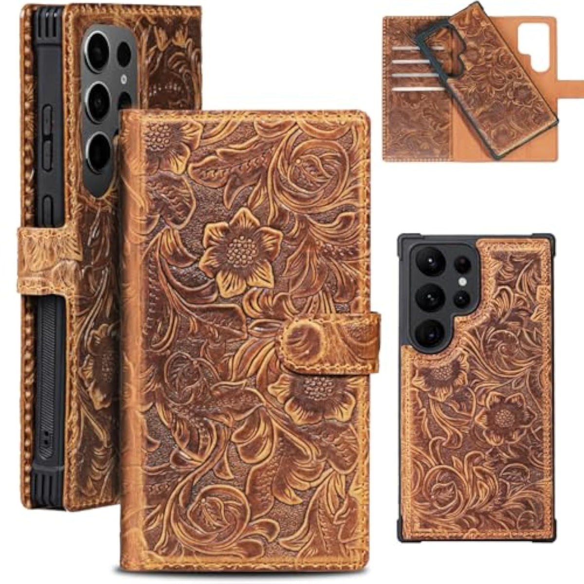 Leather Case Wallet Compatible With Samsung Galaxy S25 Ultra,Genuine Leather2-In-1Magnetic Detachable Shockproof,Flip Folio Cover With Card Slot, Rfid Blocking Dark Brown