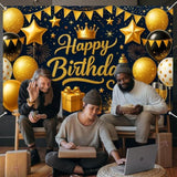 Birthday Decoration Banner 71X43 Inch Black And Gold Happy Birthday Backdrop With Balloons Stars Crowns And Gifts For Elegant Party Wall Photo Decor