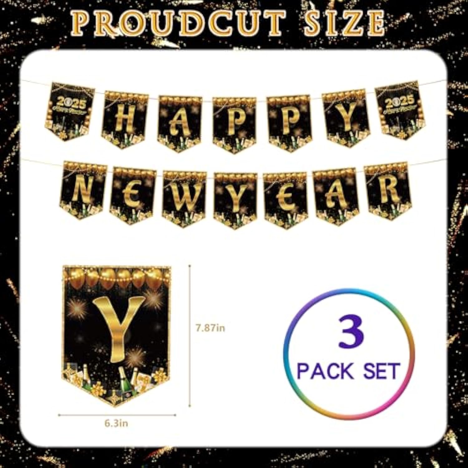 3 Pack Black Gold Happy New Year 2025 Tablecloths and Banners
