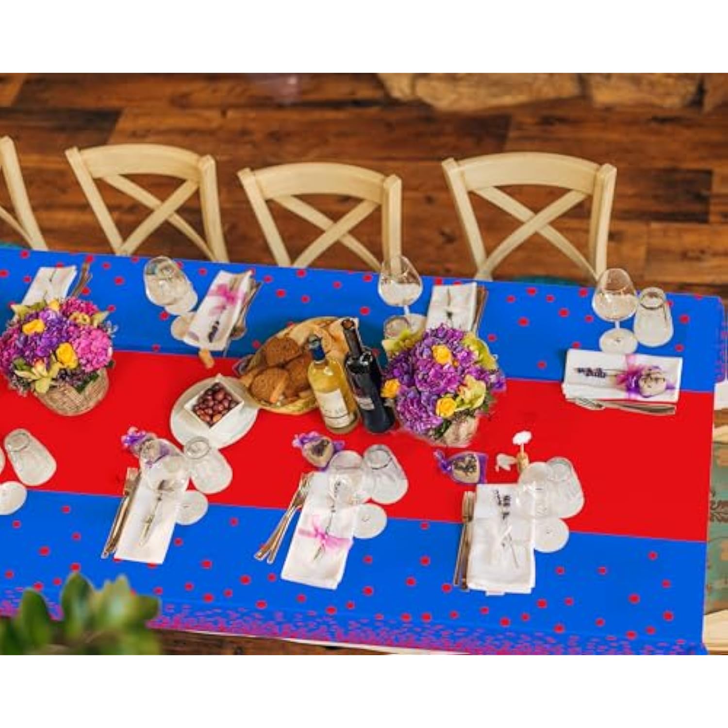 3 Pcs Blue And Red Tablecloth For Parties Plastic Dot Tablecloths Printed Table Runner Waterproof Disposable Rectangle Table Cover For Birthday Wedding Graduation Party, 54" X 108"