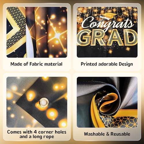 Congrats Grad Banner Black Gold - 72x44 Inch, Graduation Banner 2026, Graduation Decorations, Congrats Grad Backdrop for High School College Graduation Party Decor