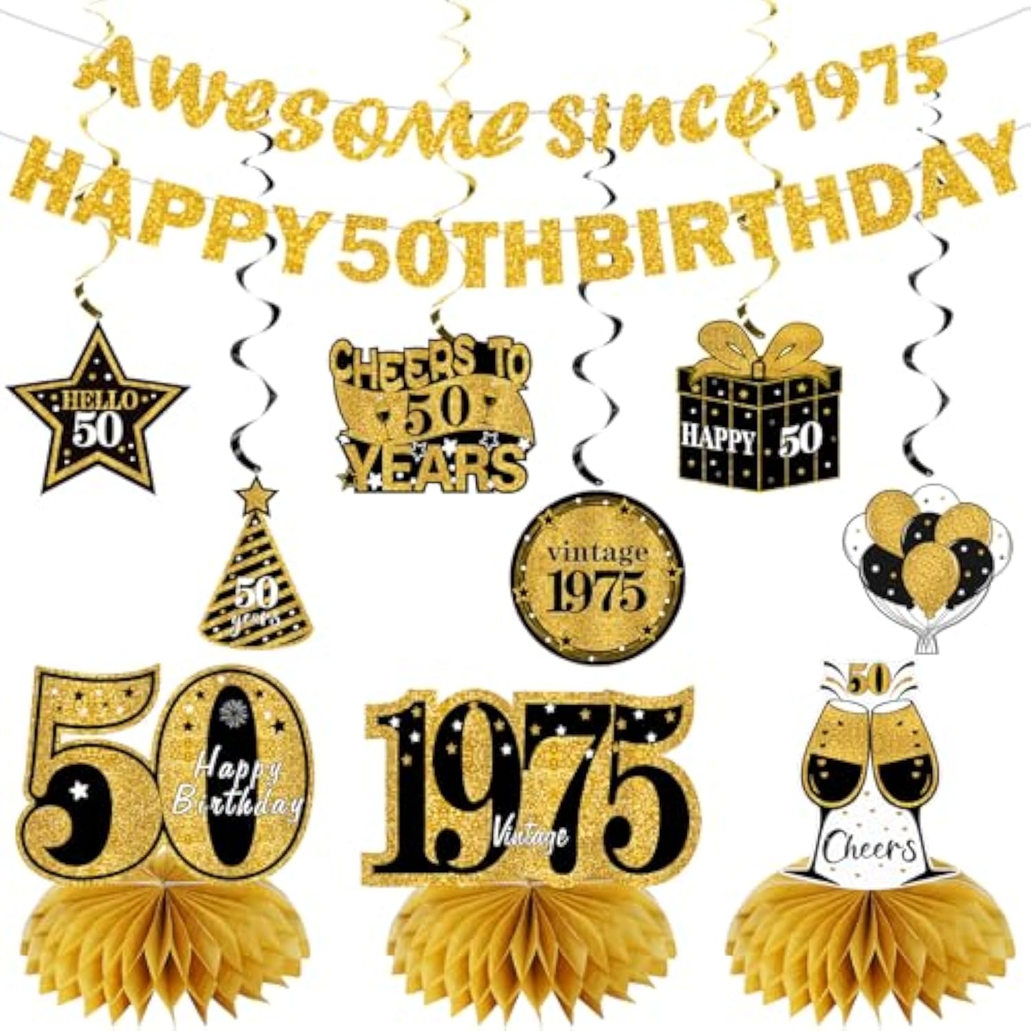 11 Pcs 50th Birthday Kit Black & Gold Banner, Centerpieces & Swirls for Men/Women