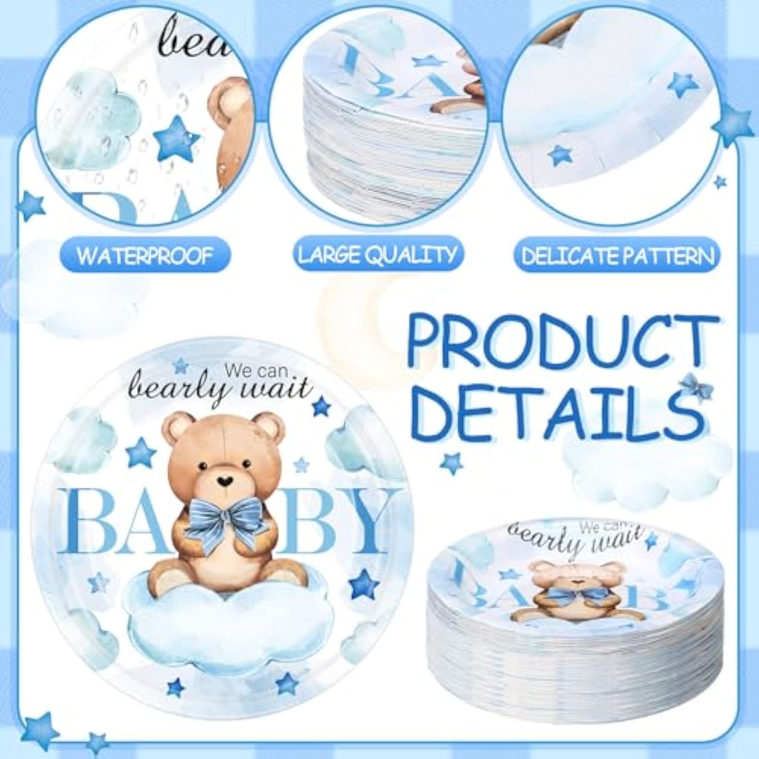 60 Pcs 7 Inch Blue Bear Baby Shower Paper Plates We Can Bearly Wait Decorations Tableware Baby Gender Reveal Plates For Spring Party Supplies