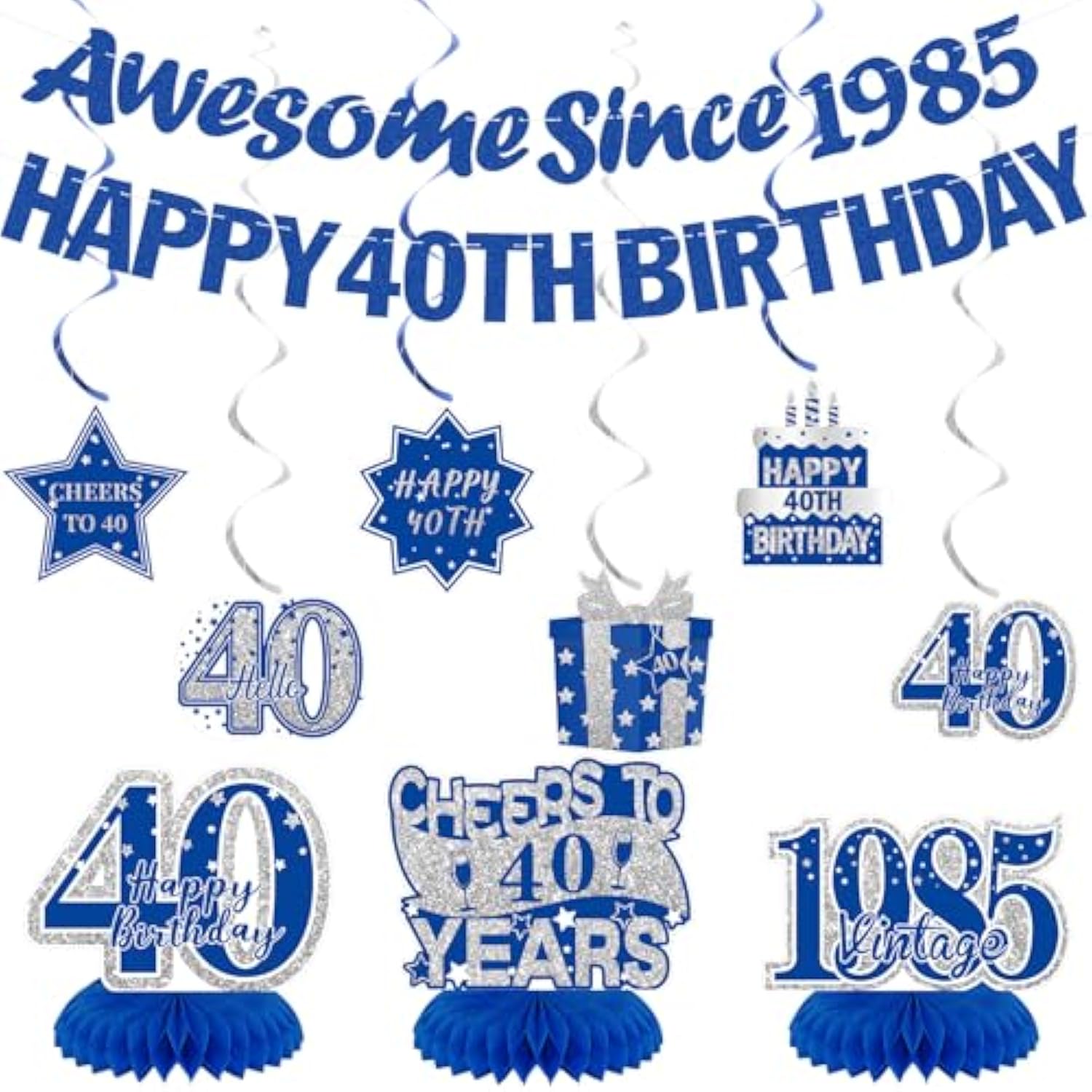 Blue 40Th Birthday Decorations For Men Or Women - Happy 40Th Birthday Banner, 1985 Honeycomb Centerpieces And Hanging Swirls For 40 Years Old Party Supplies