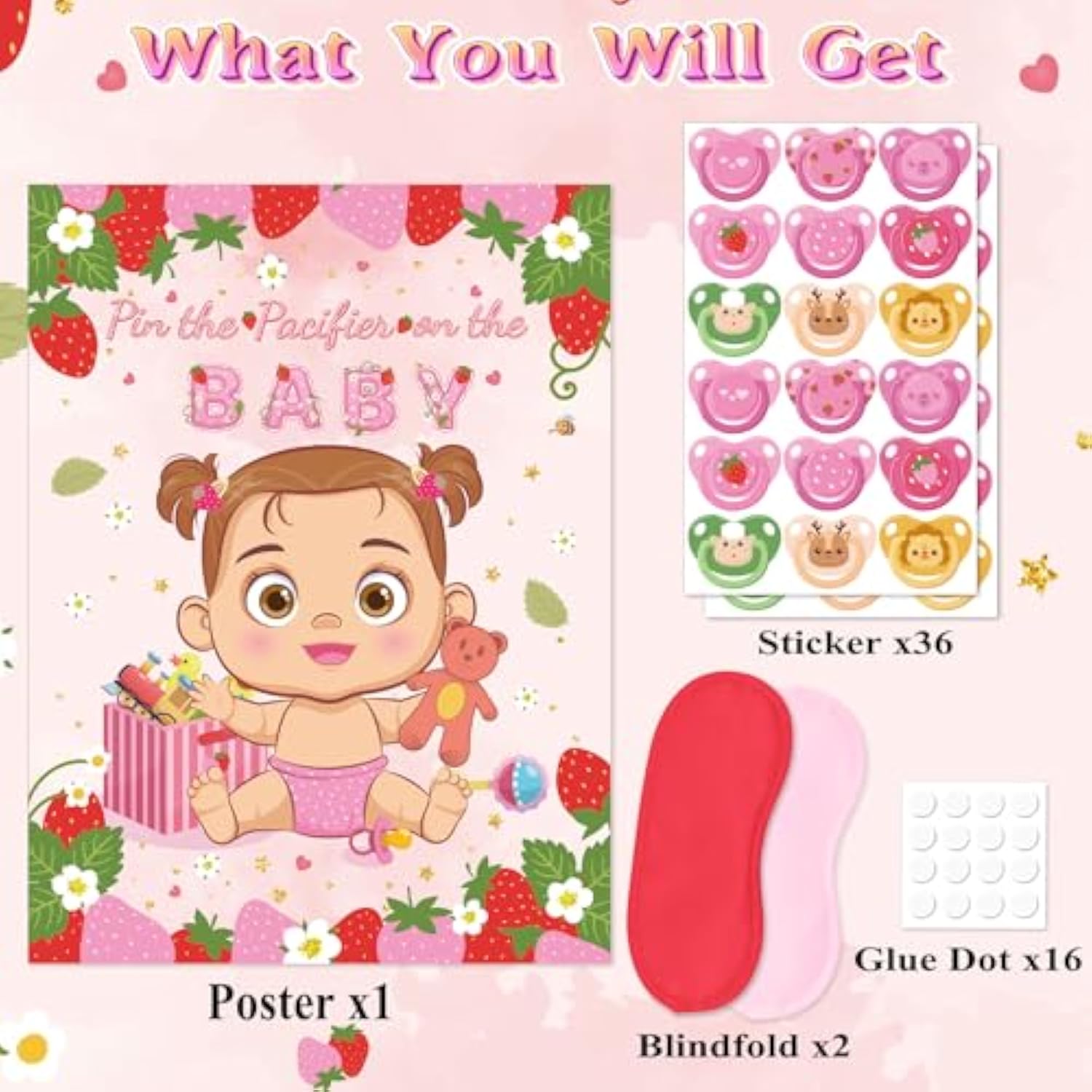 Pin The Pacifier On The Baby Game, Strawberry Baby Shower Decoration Include Sweet Poster Blindfold 36 Pacifier Stickers For Sweet Strawberry Birthday Party Decorations Baby Shower Activities Supplies
