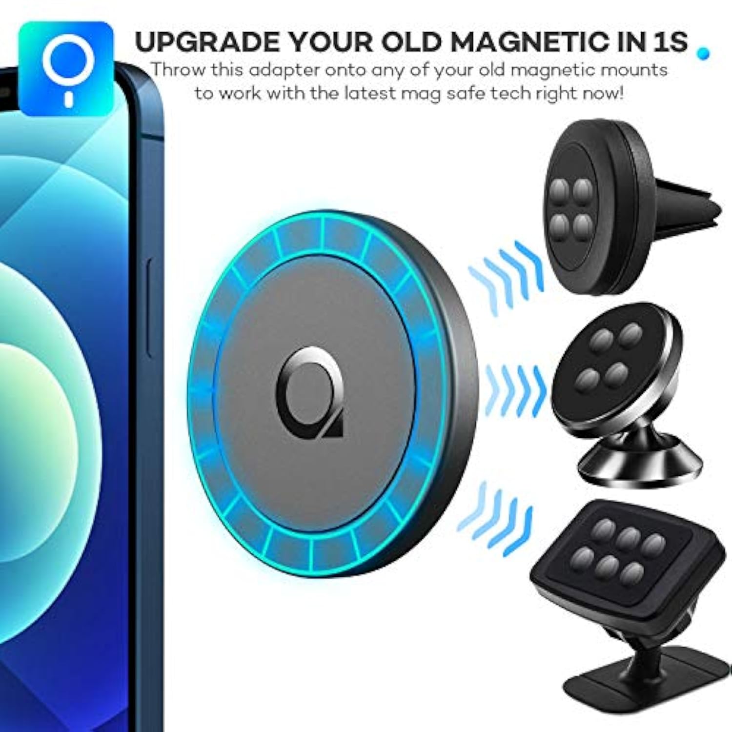 Magnetic Adapter Compatible With Magsafe Case And Iphone 16 15 14 13 12 Pro Max Mini, Attached To Old Magnetic Car Phone Mount Holder No Metal Plate Needed