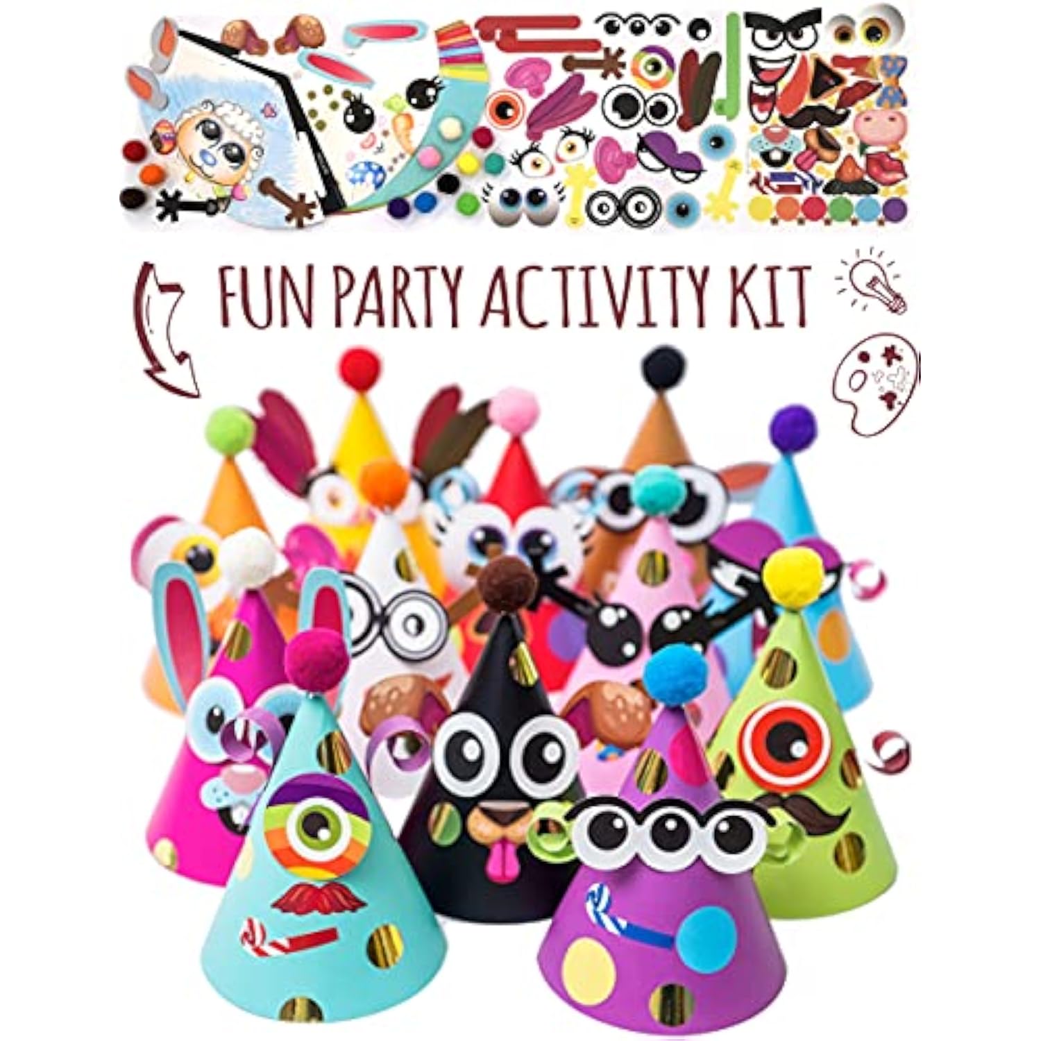 24 Pcs Party Hats Birthday Activity Kit With Stickers - Kids Fun Arts & Crafts. Make Your Own Animal & Monster Theme Party Favors & Game Supplies