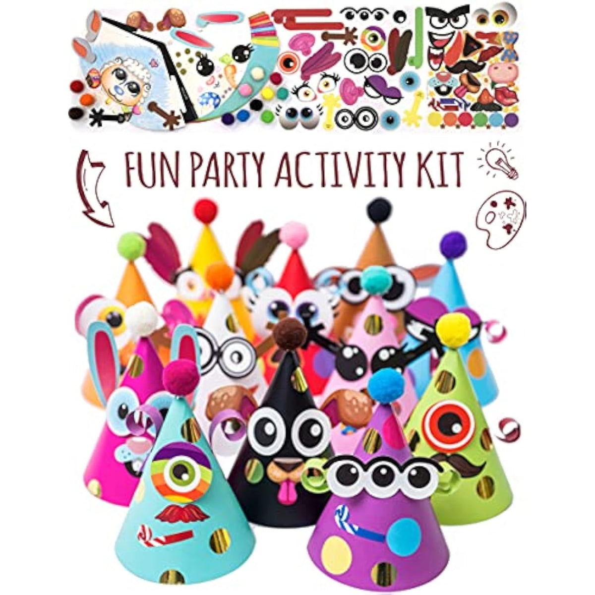 24 Pcs Party Hats Birthday Activity Kit With Stickers - Kids Fun Arts & Crafts. Make Your Own Animal & Monster Theme Party Favors & Game Supplies