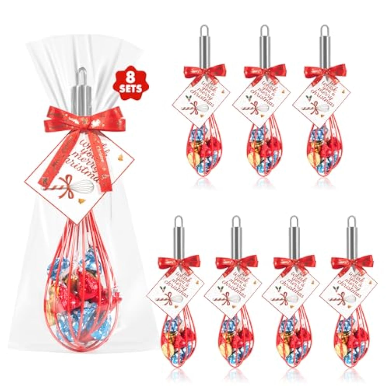Christmas Whisk Gifts For Neighbors – 8 Sets 8“ Red Silicone Whisks With “We Whisk You A Merry Christmas” Cards, Gift Bags & Ribbons, Fun Diy Stocking Stuffers For Family, Friends, Teachers