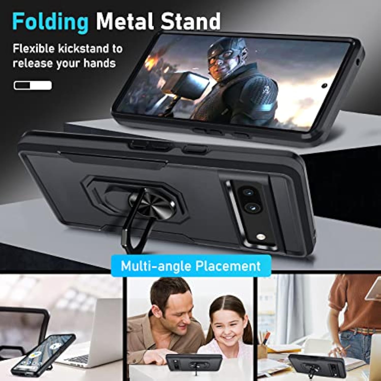 For Google Pixel 6A Case With Screen Protector+Camera Lens Protector,Heavy Duty Shockproof Full Body Phone Cover,Built In Metal Ring Holder Kickstand,2022 Black Matte