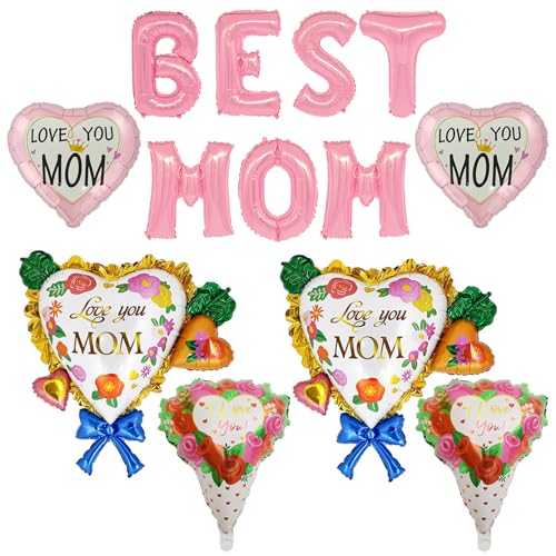 13 Pcs Mothers Day Balloons Mother's Day Party Supplies Heart shapeLove You Balloons for Rose flower Best Mom Thematic Birthday Party Decorations Supplies