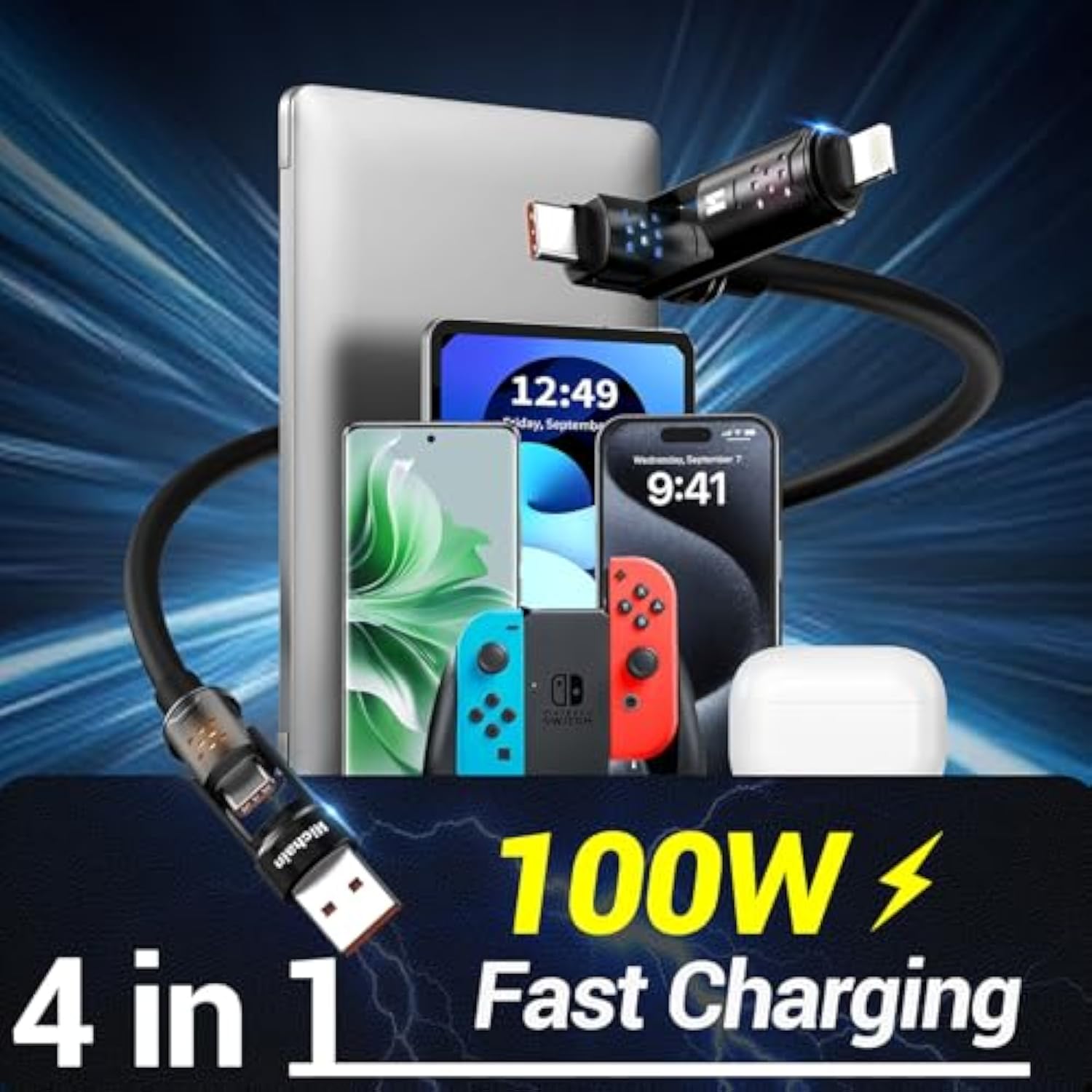 4 In 1 Charging Cable, 100W Fast Charging Usb C Cable With Breathing Light, Chubby Usbc Cables Usb A/C To C/Lightning, 4Ft Multi Chargers Cord For Iphone Ipad Galaxy Macbook Laptop
