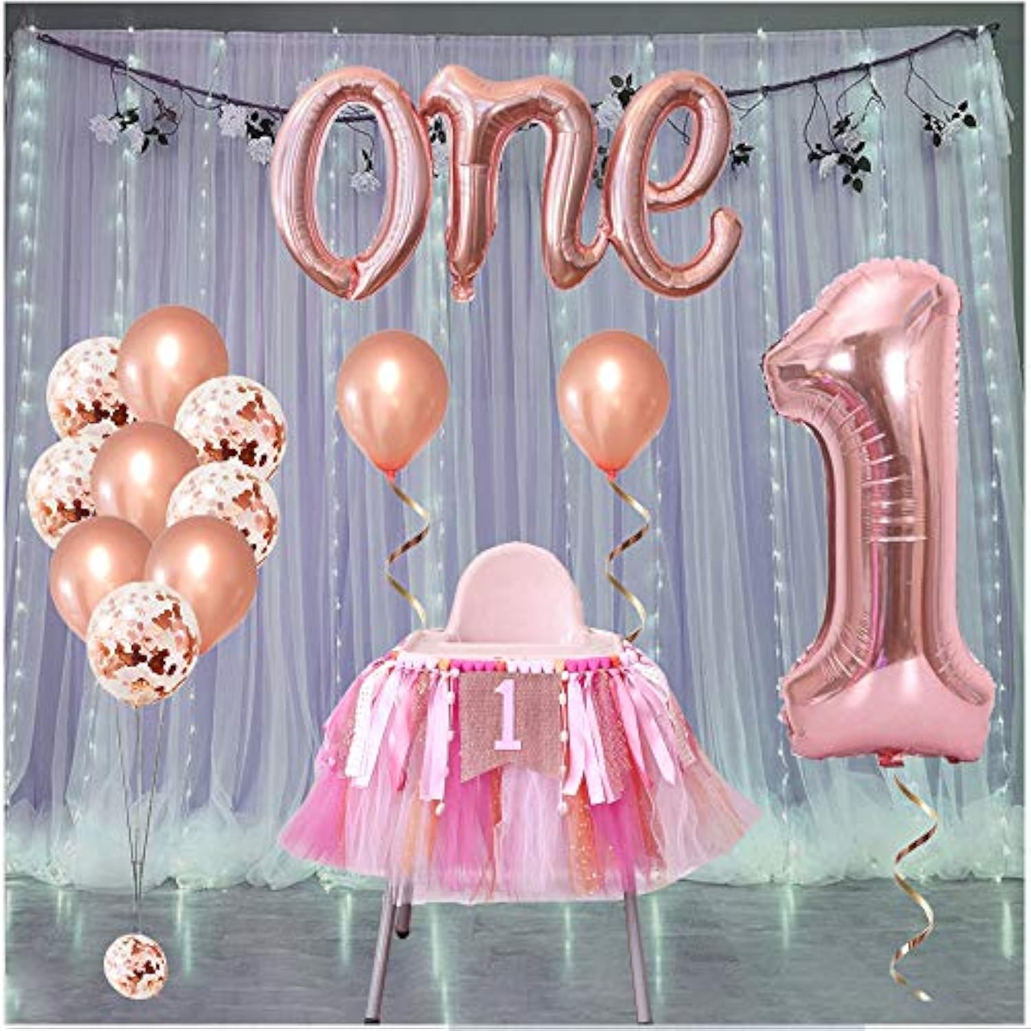 Rose Gold One Letter Balloon And 1 Balloon For First Birthday, Rose Gold Letter One Balloon 1 Large Balloons And Confetti Balloon, Great For 1St Birthday Balloons Decoration