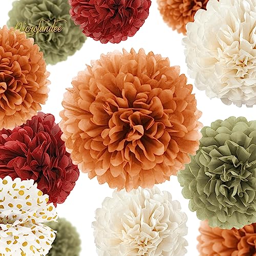Fall Party Decor 12 PCS Orange Burgundy Green Tissue Pom Poms