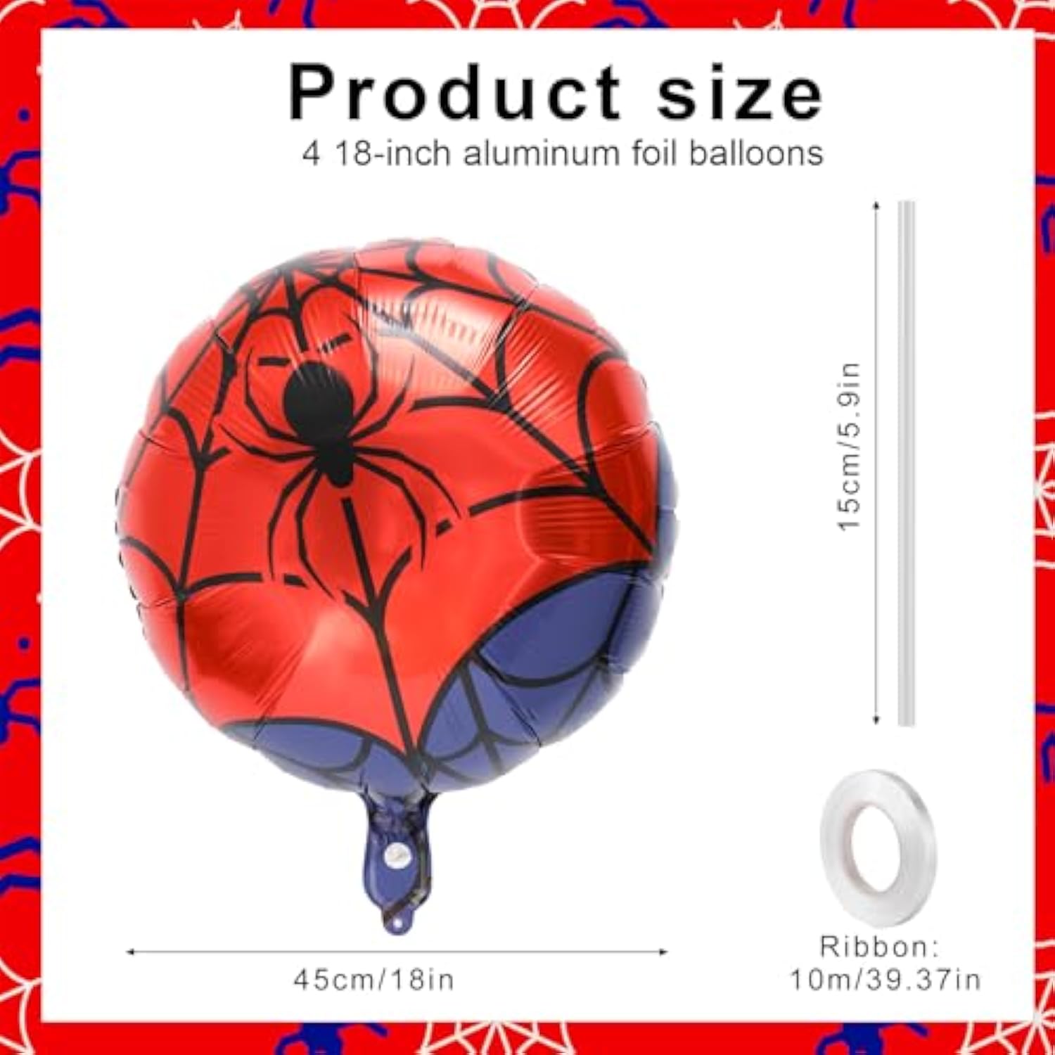 4Pcs Spider Balloons, 18 Inch Red & Blue Web Foil for Kids' Birthday & Halloween Party