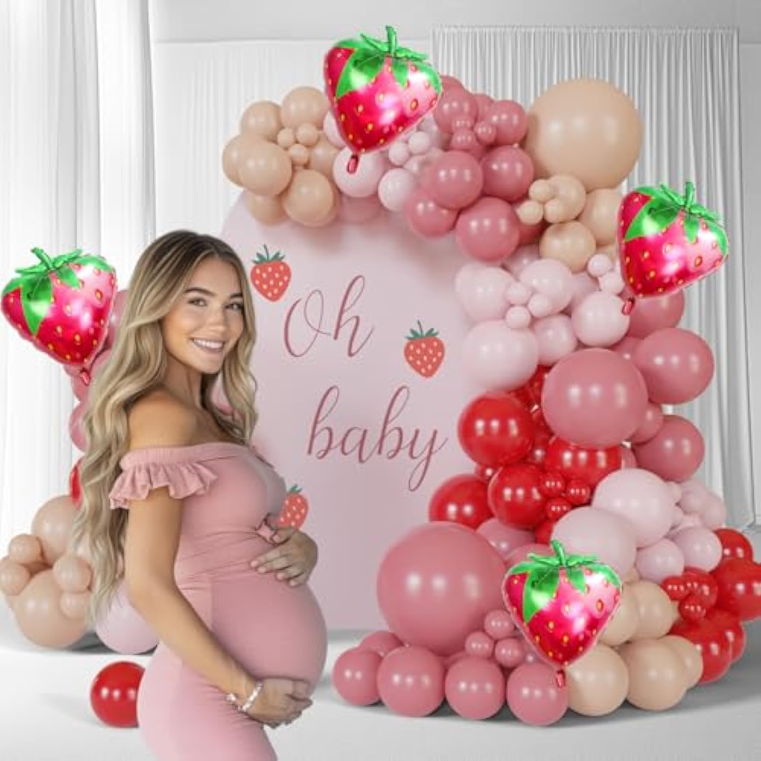 140Pcs Strawberry Balloon Arch Garland Kit With Red Pink Nude Strawberry Balloon For Berry First Baby Shower Themes, Birthday Decorations, Valentine'S Day Party Supplies
