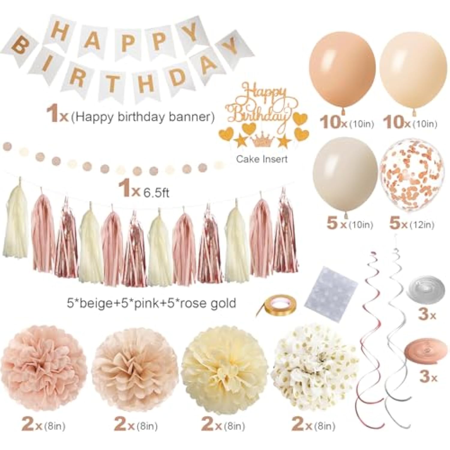 Rose Gold Birthday Party Decorations Kits With Happy Banner,Cake Topper,Hanging Swirls,Tissue Paper Pompoms,Paper Tassels Garland,Confetti Balloons For Women Girls Birthday Party