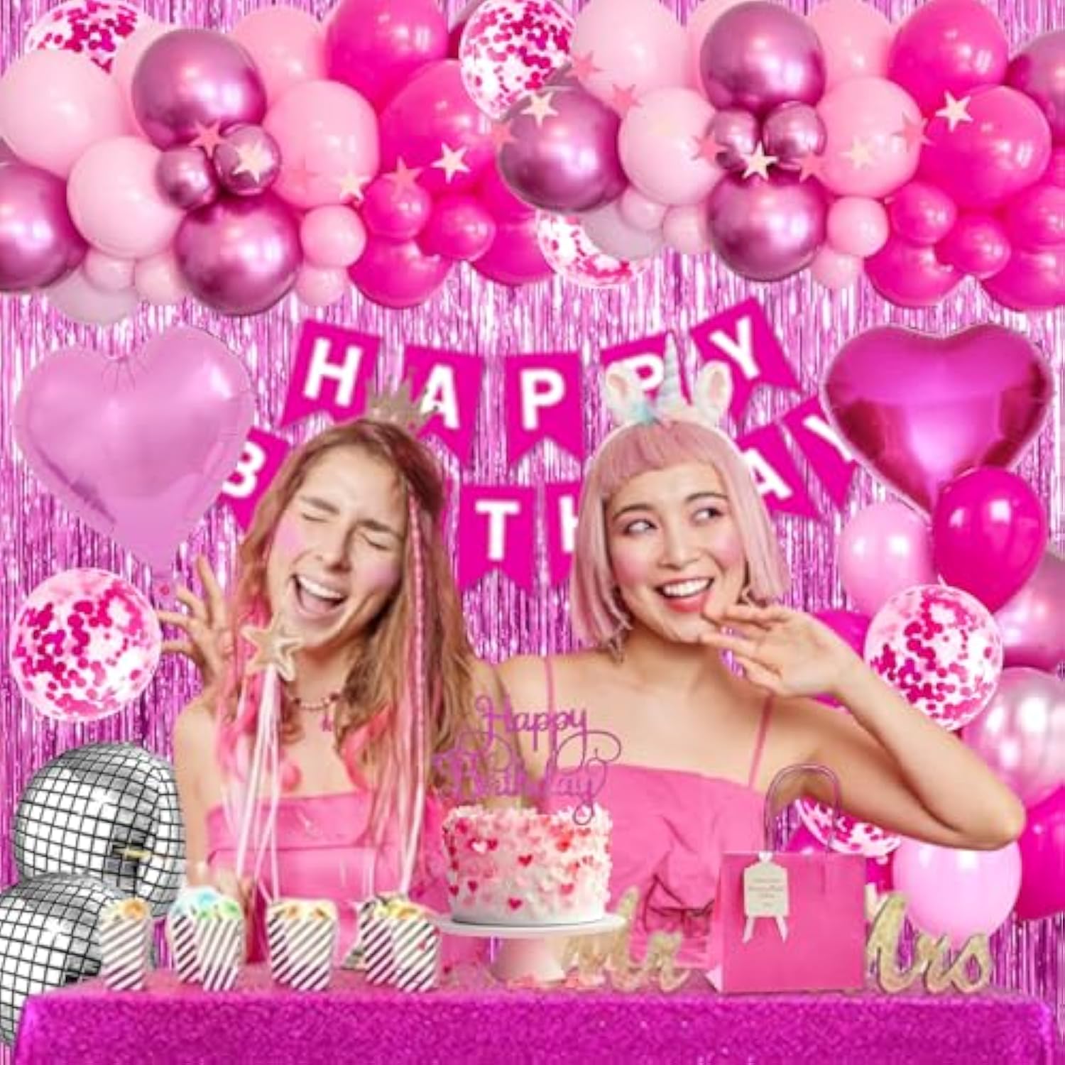 Pink Birthday Party Decorations For Women Girls With Happy Birthday Banner Paper Pompoms Fringe Backdrop Star Garland Hot Pink Balloons Princess Décor