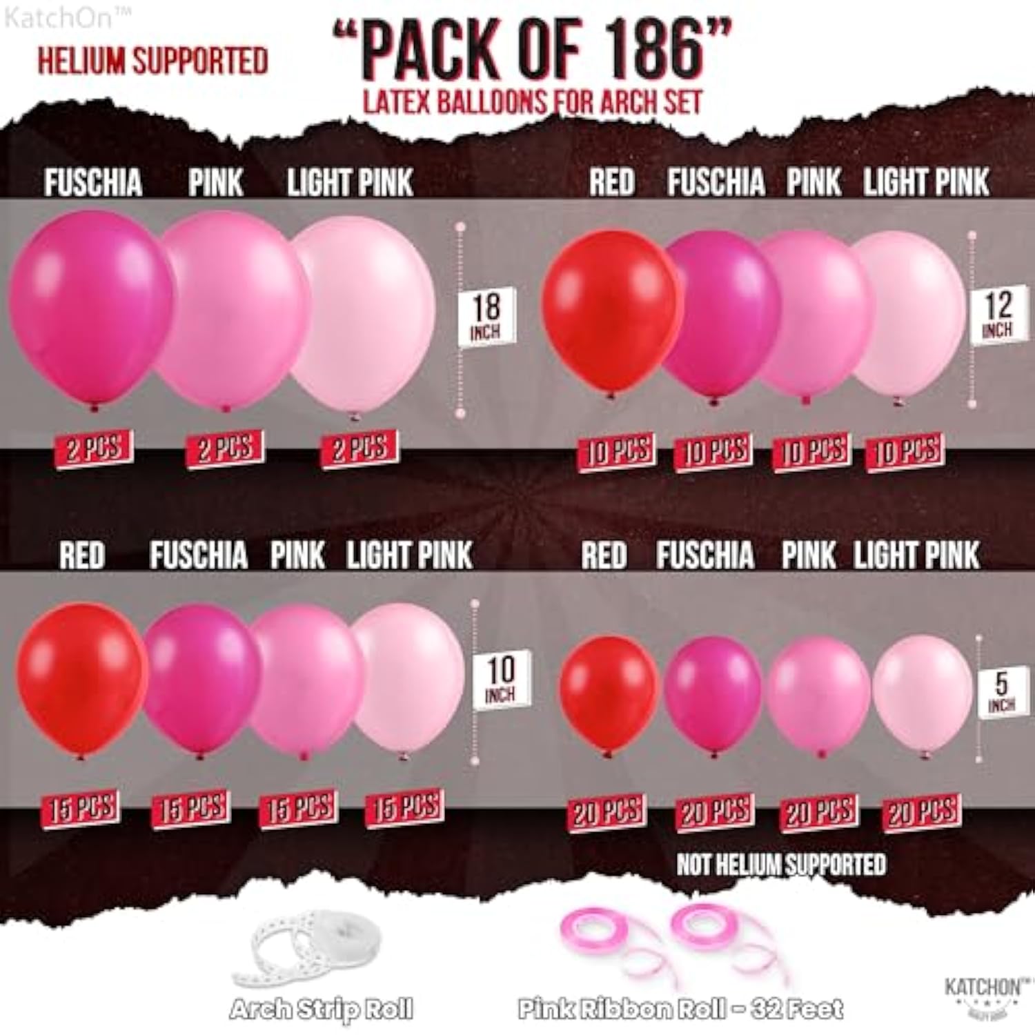 Pink And Red Balloon Arch Kit - Huge 18 Inch, Pack Of 186 | Red And Pink Balloon Arch Kit For Valentines Day, Birthday, Bachelorette, Anniversary Decorations | Valentines Day Decorations