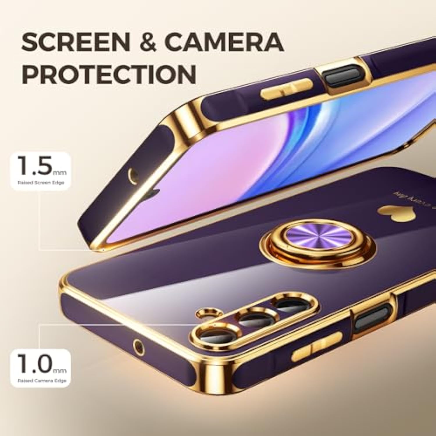 For Samsung Galaxy A15 5G Case With 2 Pack Screen Protector, 360° Rotatable Ring Holder [Luxury Hearts Pattern] Plating Gold Edge Slim Soft Phone Cover Case For Galaxy A15 Purple