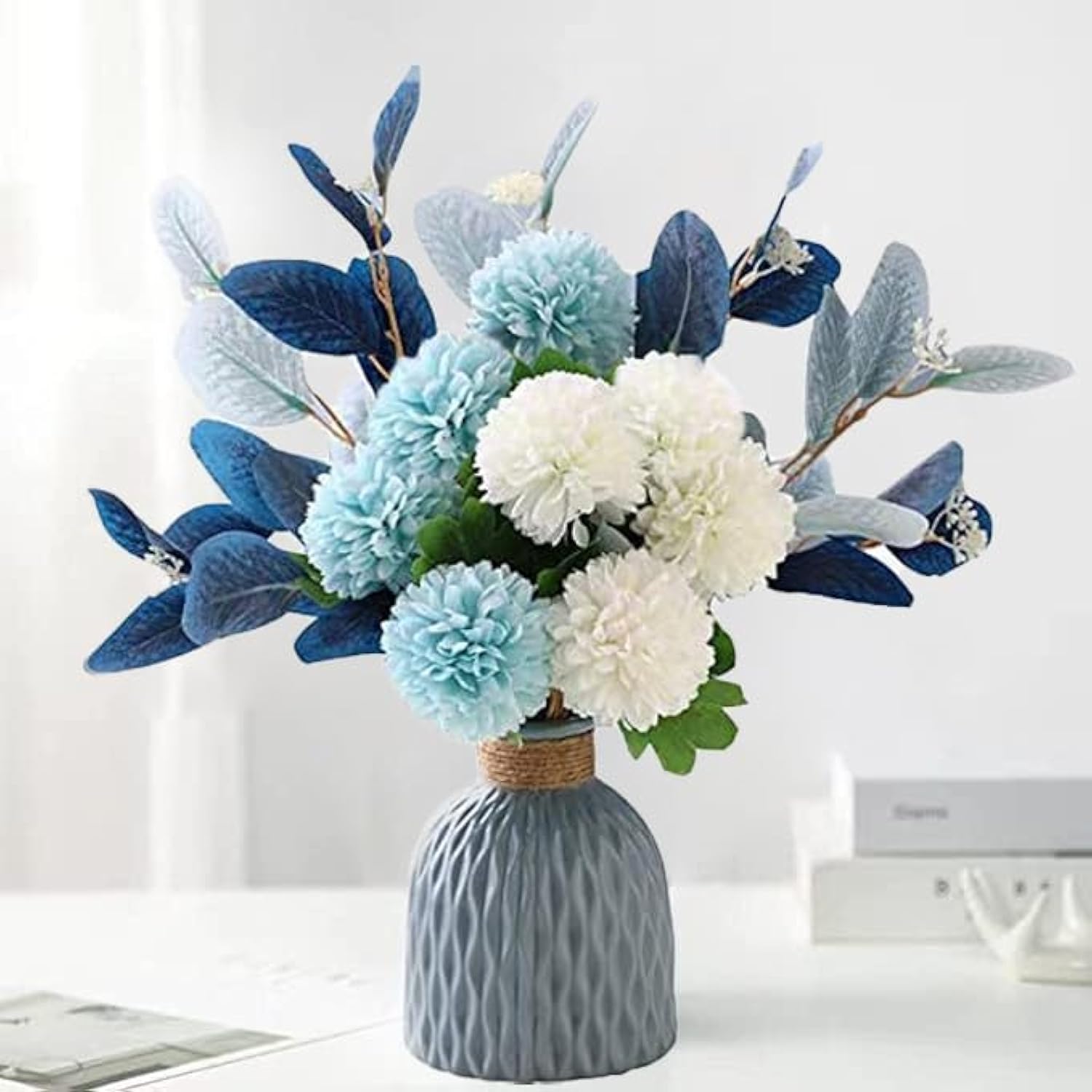 Blue Artificial Flower Bouquet In Ceramic Vase, White And Blue Ball Chrysanthemum With Eucalyptus, Minimalist Desk Decor For Office Home Centerpiece