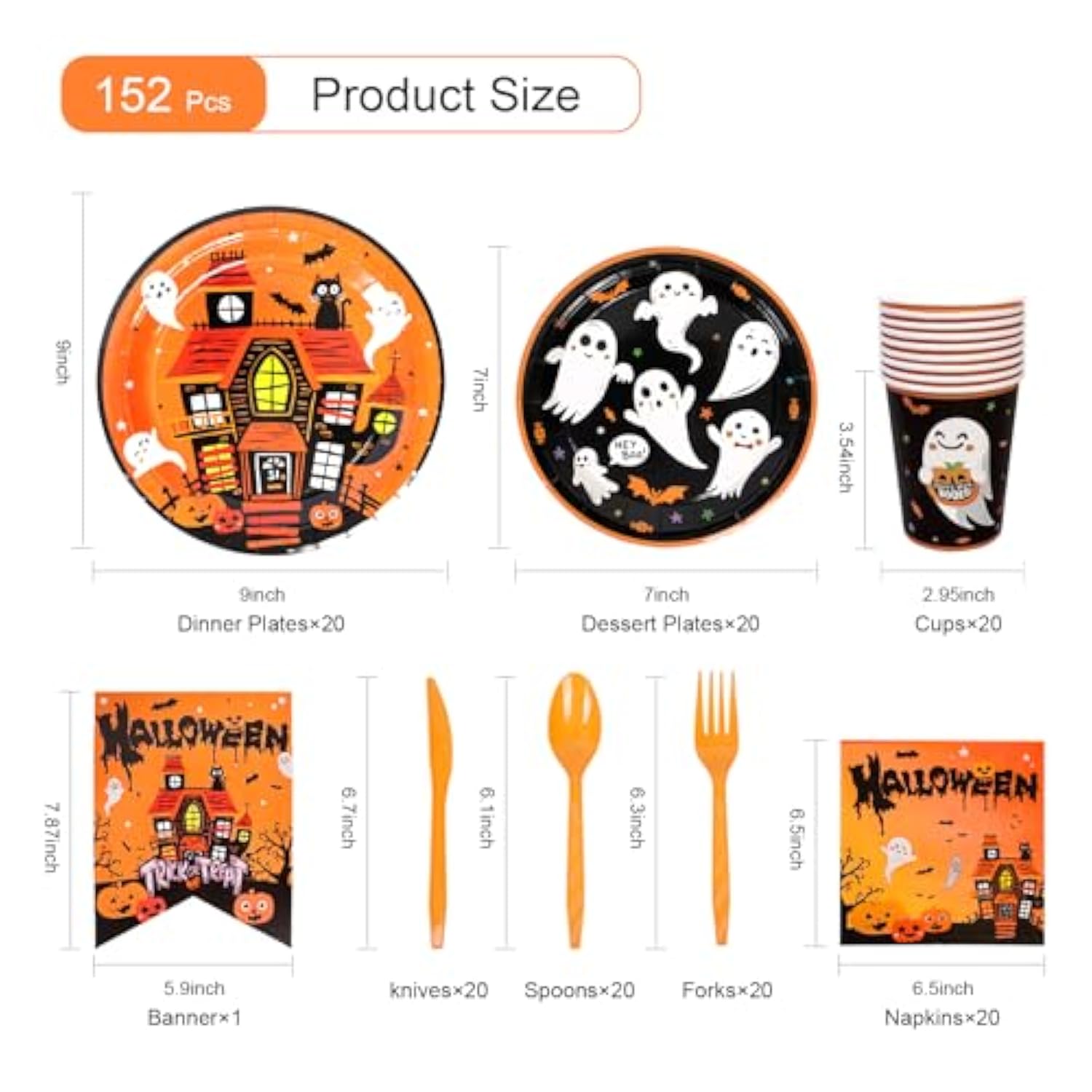 152pcs Halloween Party Plates Disposable Tableware Plates Napkins Cups Banner Serves 20