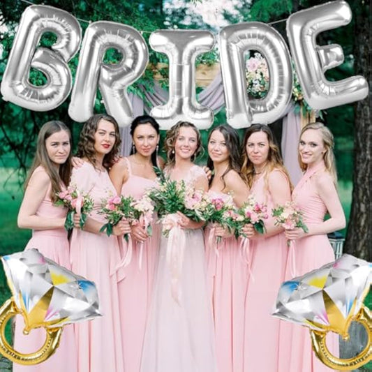 Large Bride Balloons Silver With 2 Ring Balloons For Bridal Shower Bachelorette Engagement Party Decorations, Silver