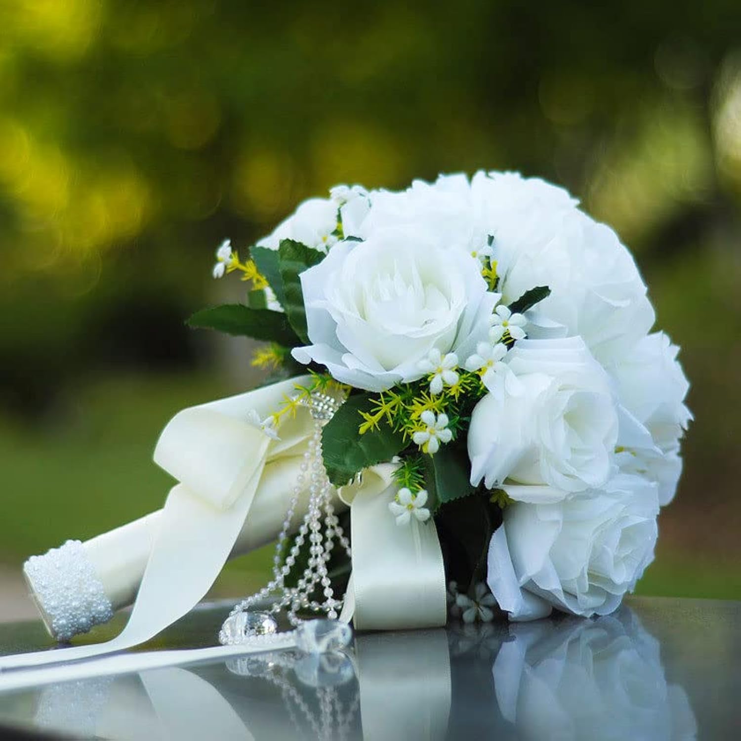 12 Inch Wedding Bouquet With Pearl Crystals Ribbons,Artificial Rose Flower For Bride Bridesmaids Artificial Fake Flowers Fake Flowers Toss Bouquet For Wedding Party Church(White)