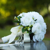 12 Inch Wedding Bouquet With Pearl Crystals Ribbons,Artificial Rose Flower For Bride Bridesmaids Artificial Fake Flowers Fake Flowers Toss Bouquet For Wedding Party Church(White)