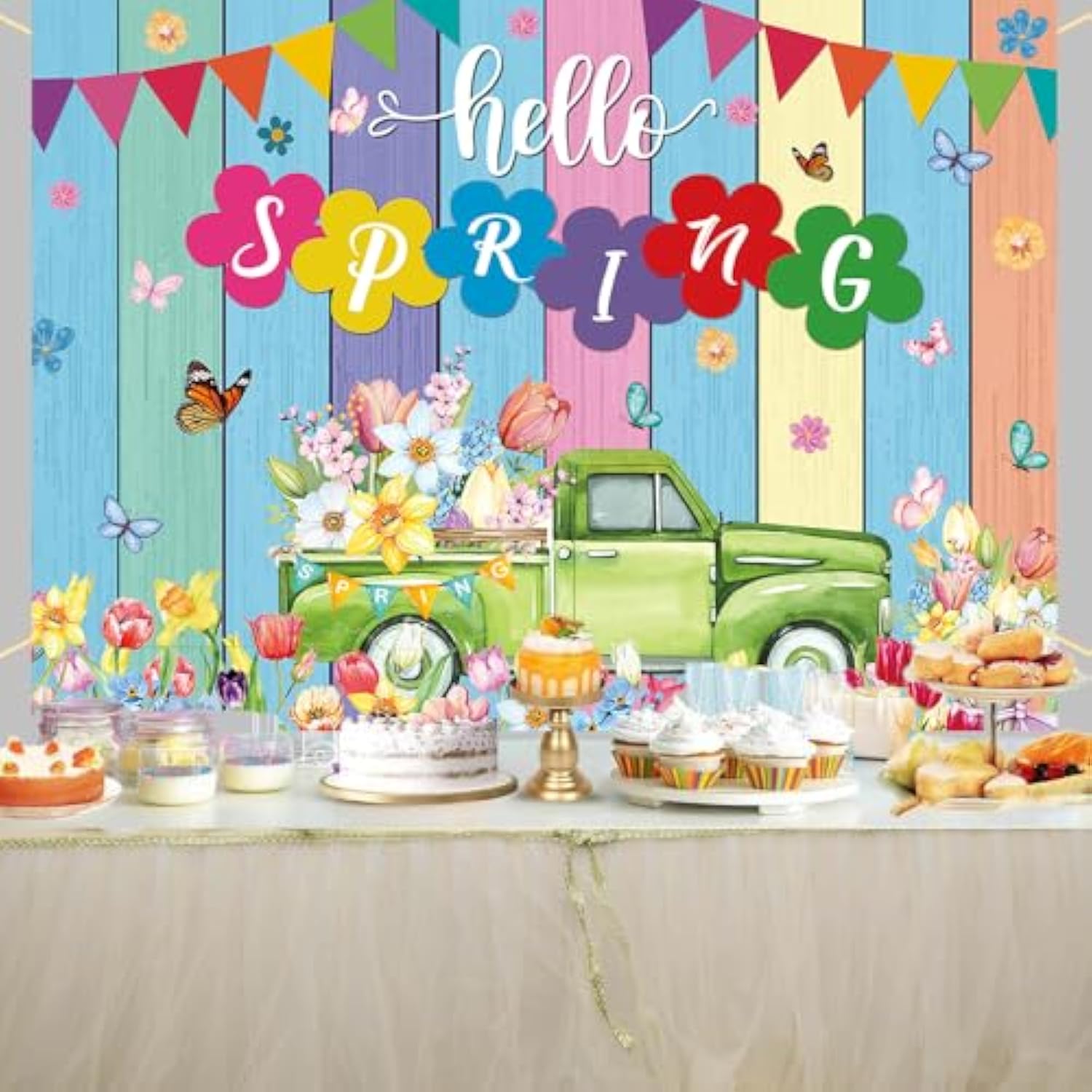 Hello Spring Banner Backdrop 6X4Ft Spring Truck Tulips Flowers Colorful Wood Photography Background Springs Easter Party Decorations Photo Props