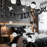 55 Pcs Black Happy Birthday Letter Balloons Stars Latex Balloons Swirls Set