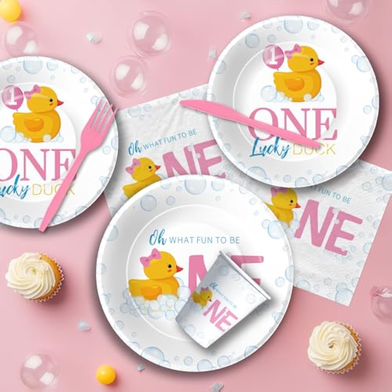 Rubber Duck 1St Birthday Decorations For Girl Tableware, Bubble Bath Theme Pink One Lucky Duck Birthday Party Supplies, Paper Plates, Cups, Napkins, Disposable Cutlery, Serves 24