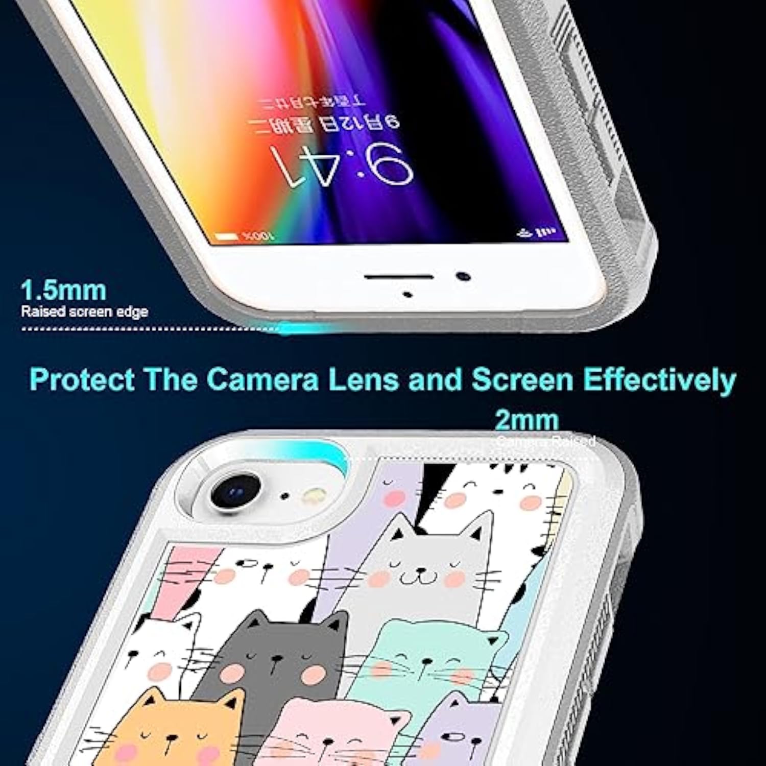 Cute Funny Cats Pattern Hybrid Dual Layer Defender Case for iPhone SE 2022, iPhone 7, iPhone 8, and iPhone SE 2020