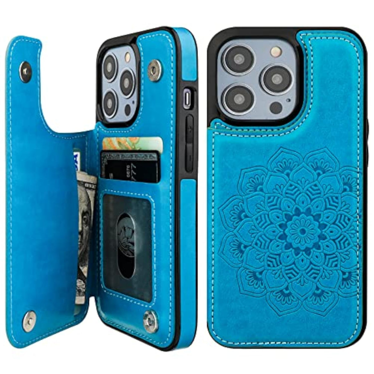 Mandala Pattern PU Leather Double Buttons Flip Case with Card Holder for iPhone 14 Pro 6.1 Inch Blue