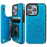 Mandala Pattern PU Leather Double Buttons Flip Case with Card Holder for iPhone 14 Pro 6.1 Inch Blue