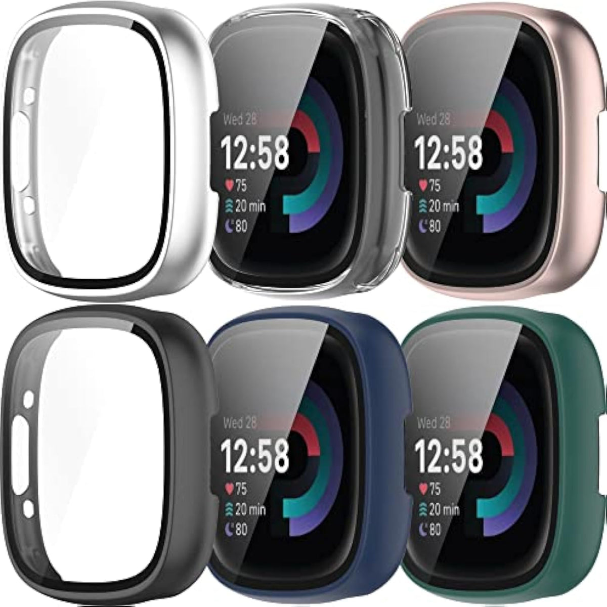 Case Cover Compatible With Fitbit Versa 4/Sense 2 Screen Protector Tempered Glass All-Around Hard Pc Smartwatch Accessory Protective Cases For Versa 4/Sense 2, All 6 Packs