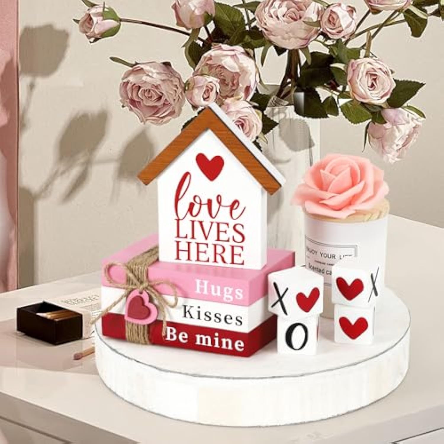 Valentines Day Decorations, Wood Book Stack With Xoxo Blocks For Table Shelf Tiered Tray Decor, Freestanding Valentines Day Decor