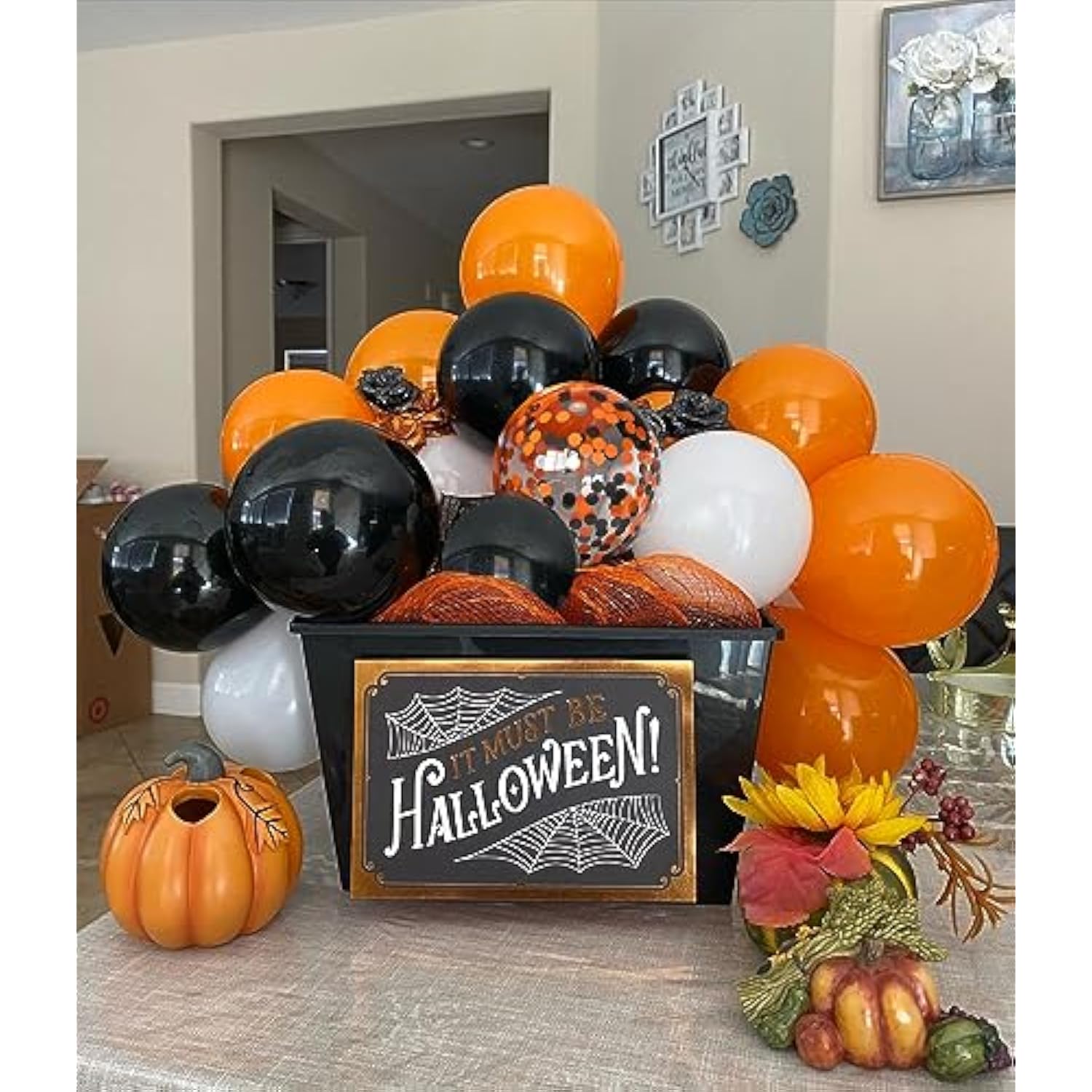 50 Pack Halloween Balloons 12 Inch Black White Orange Confetti Latex Party Decor